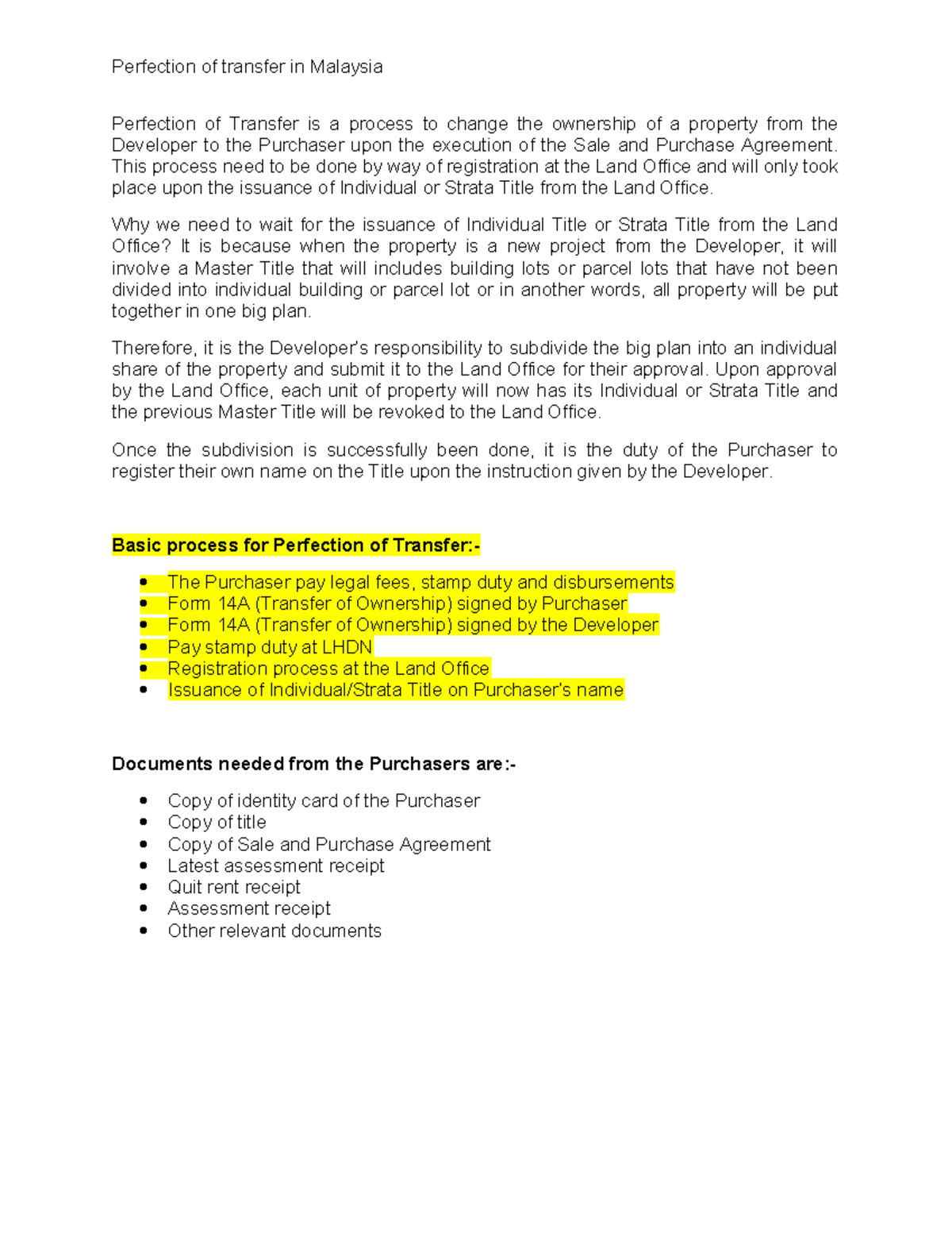 Perfection of Transfer Process for Property in Malaysia: A Guide - Studocu