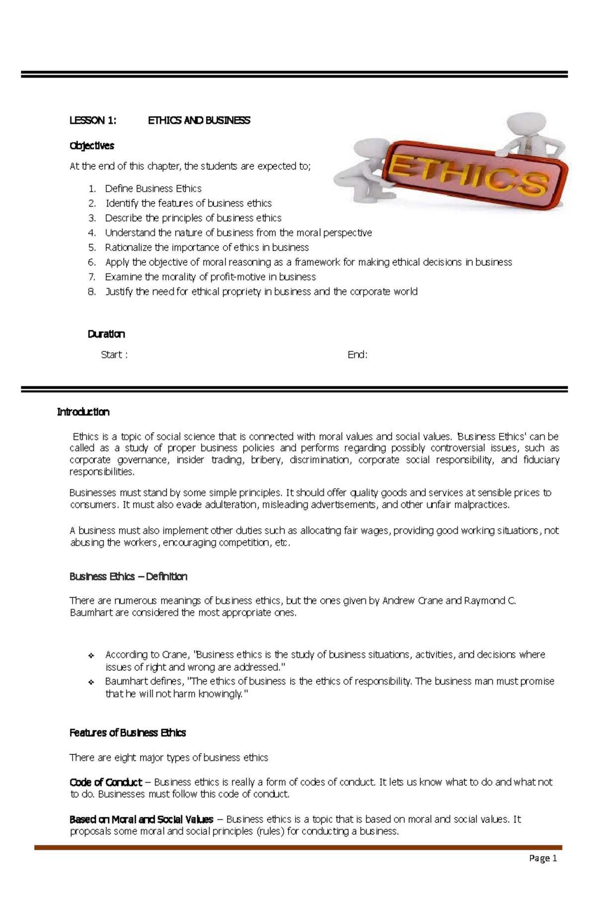 Chapter 1: Ethics in Business - Concepts and Principles - Studocu