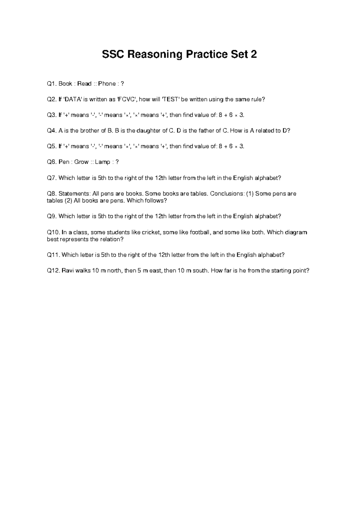 SSC Reasoning Practice Set 2: Comprehensive Question Guide - Studocu