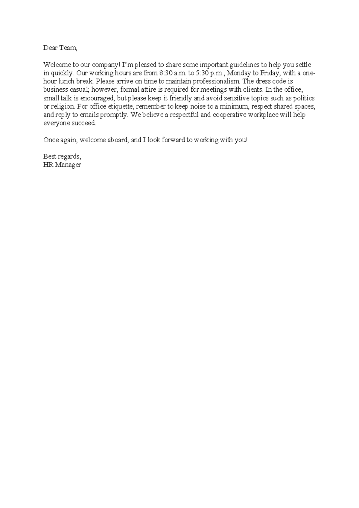 173411 Company Onboarding Guidelines - HR Welcome Note - Studocu