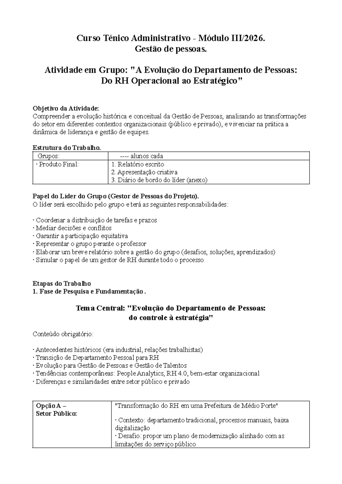 Curso Ténico Administrativo Módulo Gestão de Pessoas: Atividade de ...