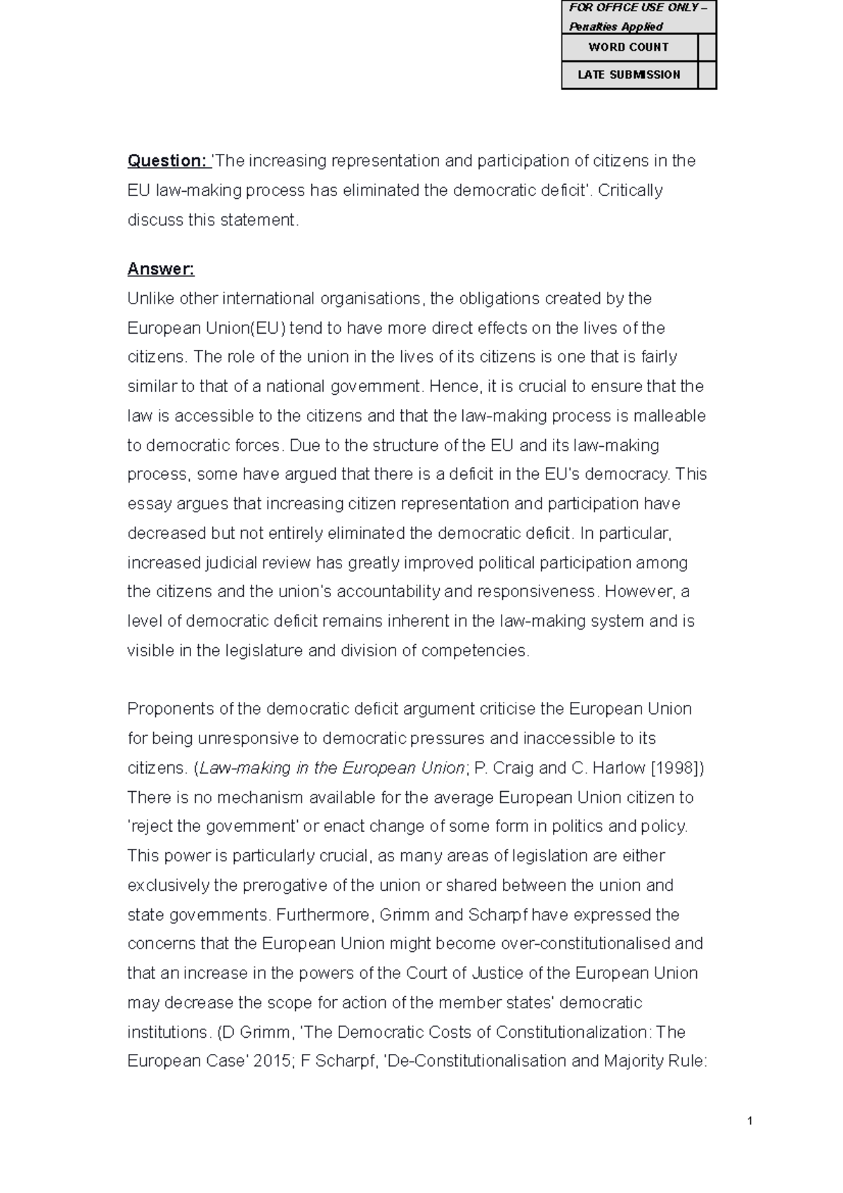 EU Law Exam: Questions, Answers & Marker Feedback Analysis - Studocu