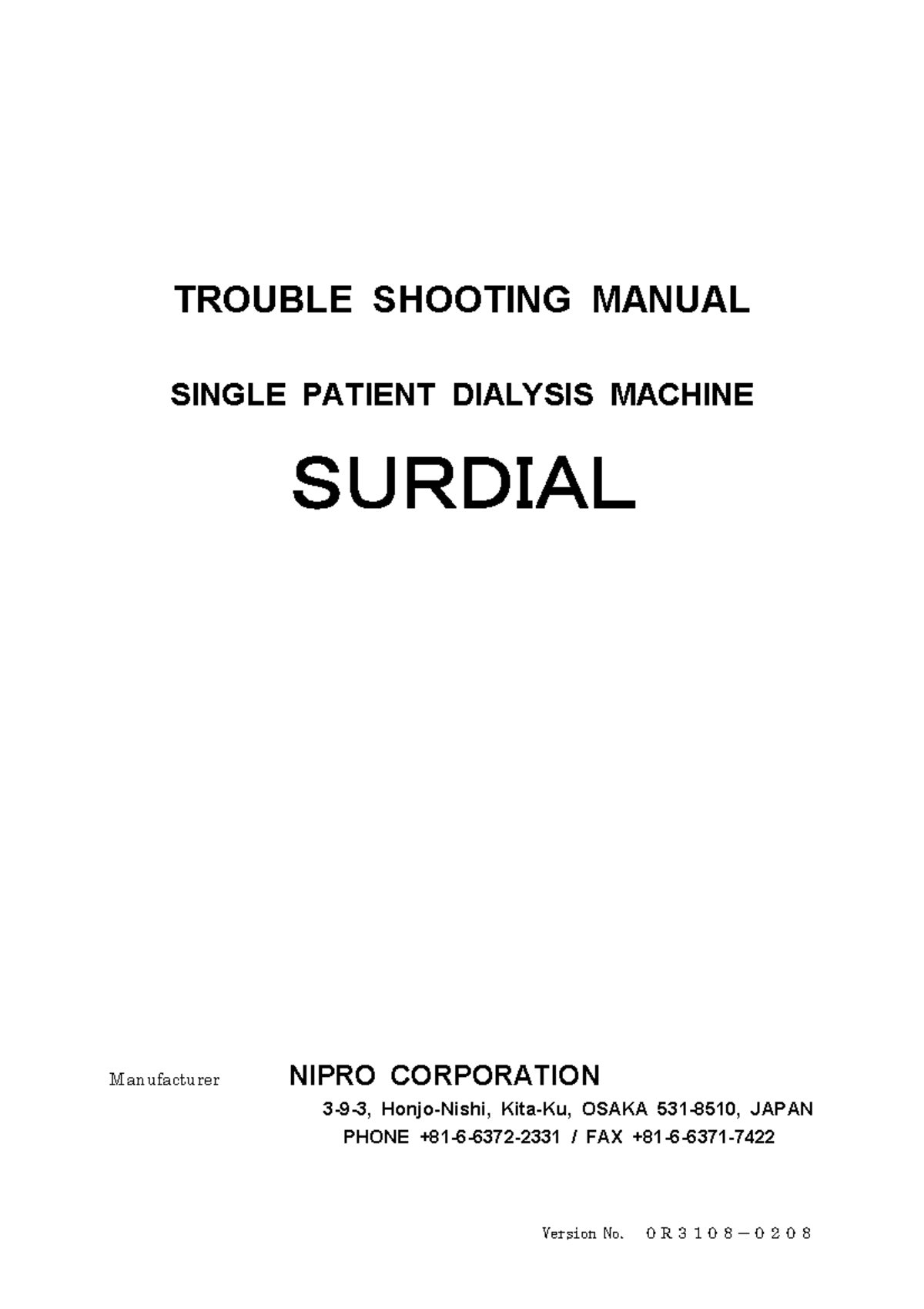 Nipro Surdial Trouble shooting manual - Version No. 0R3108－0208 TROUBLE ...