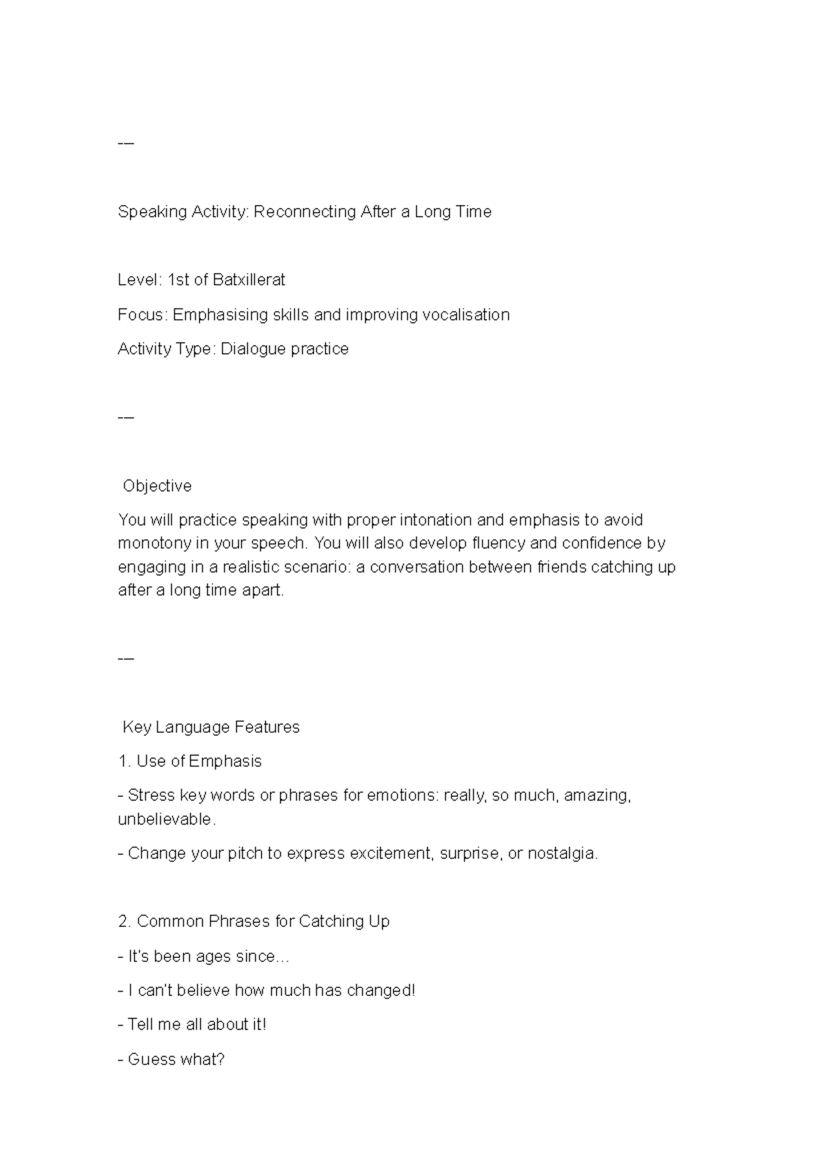 Speaking Activity - es un resum - Speaking Activity: Reconnecting After ...