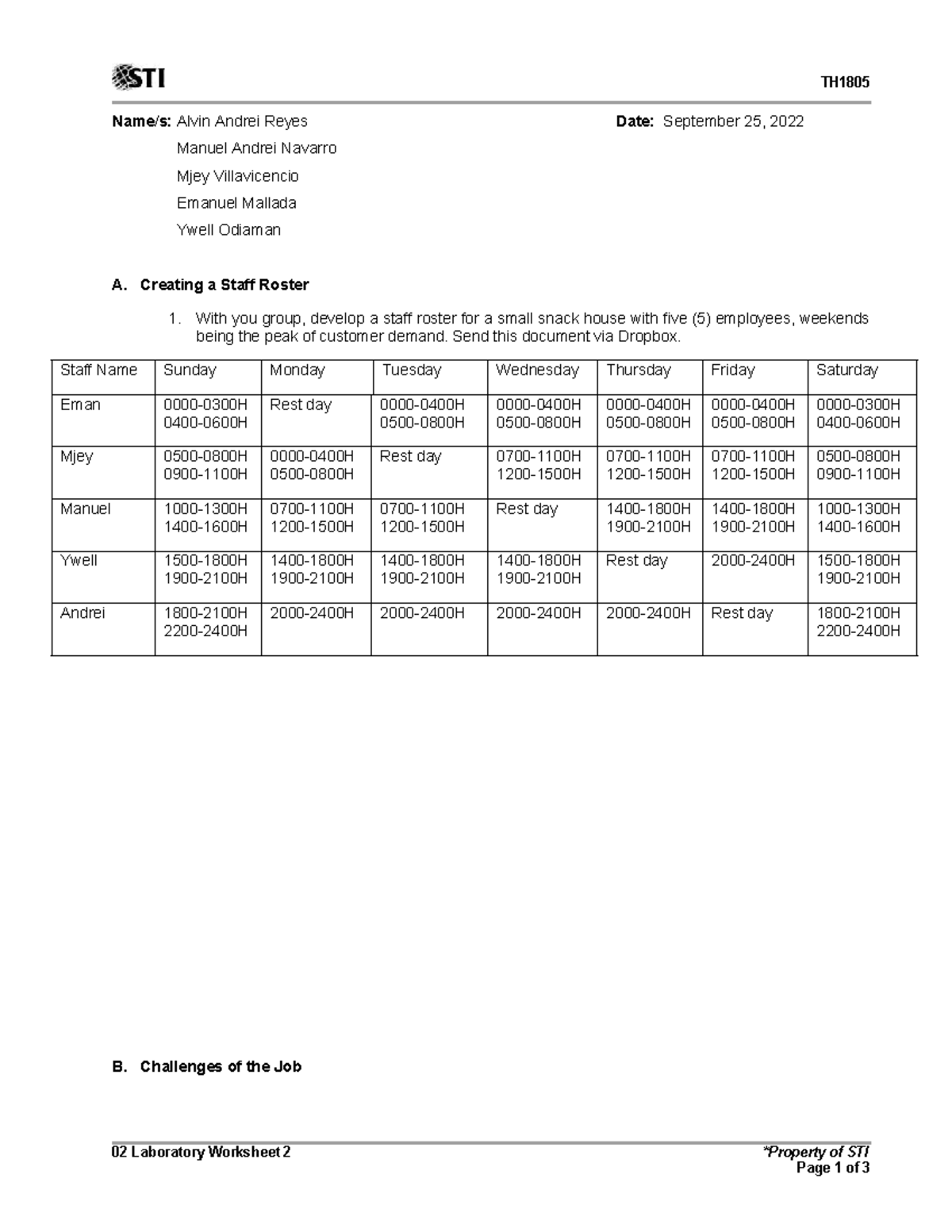 TH1805 Laboratory Worksheet 2: Staff Roster & Job Challenges - Studocu
