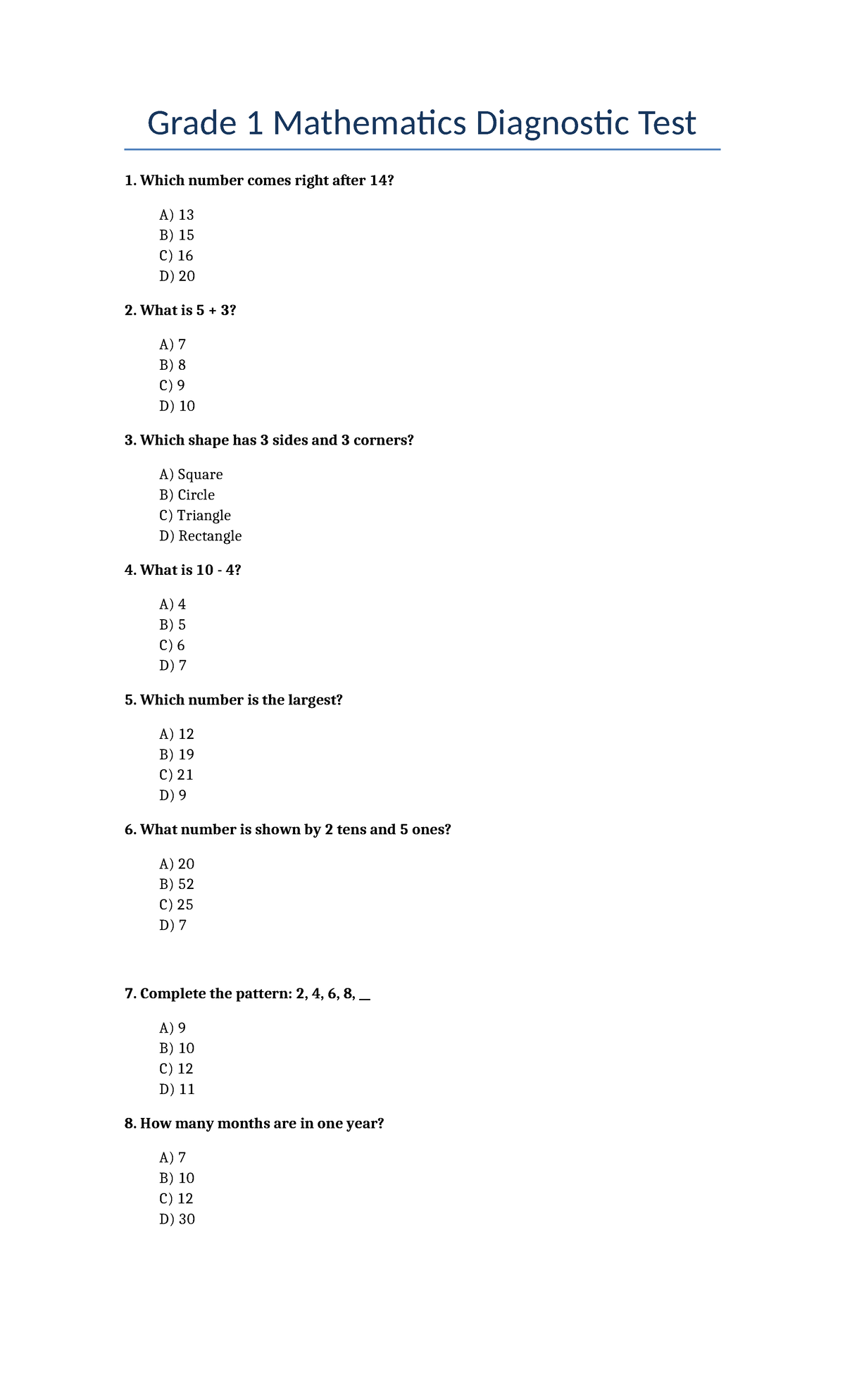 Grade 1 Math Diagnostic Test 1: Questions & Answer Key - Studocu