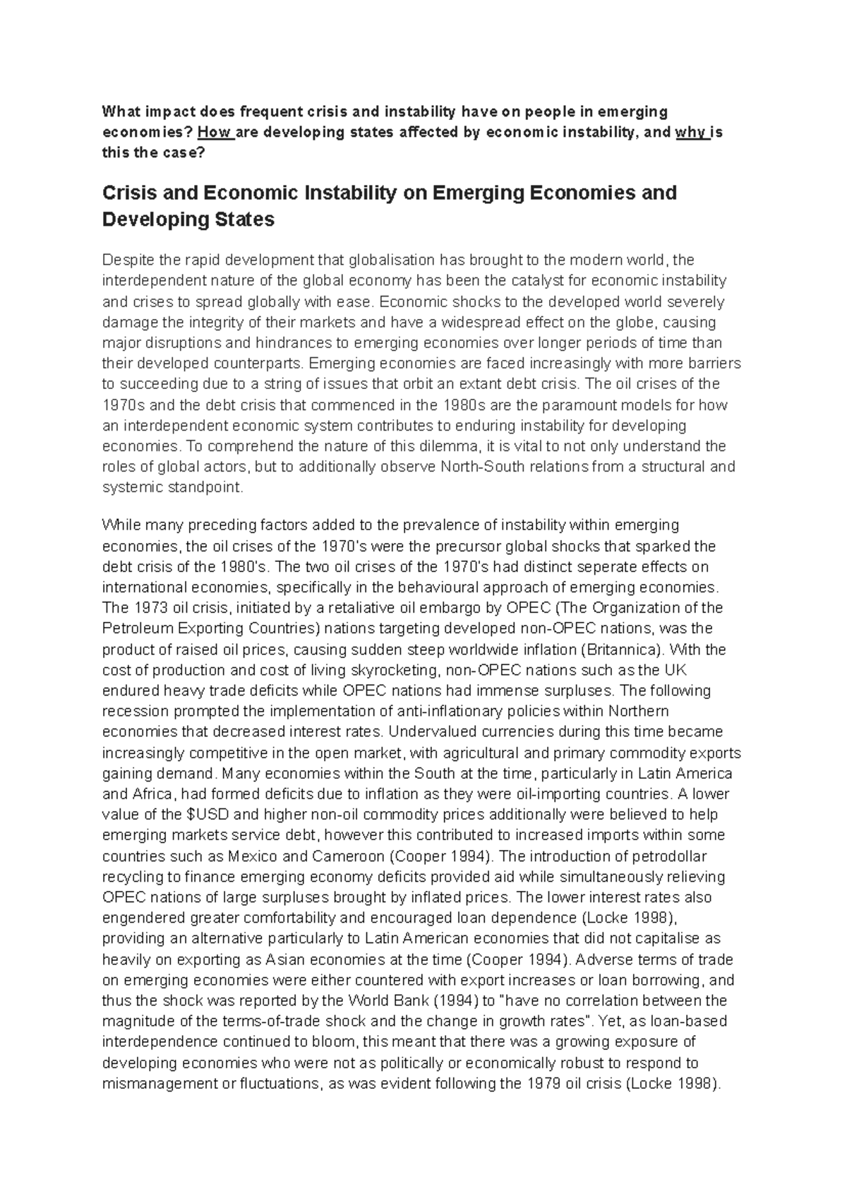 ARTS3812 - Essay 1 - The Impact of Crises on Emerging Economies - Studocu