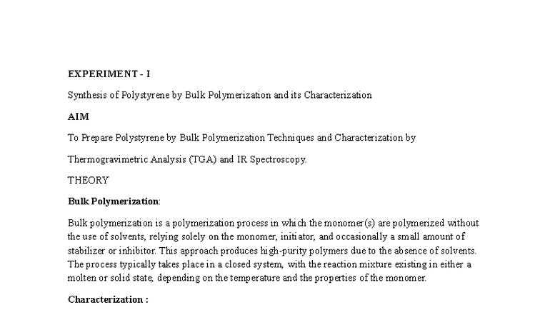 Synthesis and Characterization of Polystyrene: Bulk, Solution ...