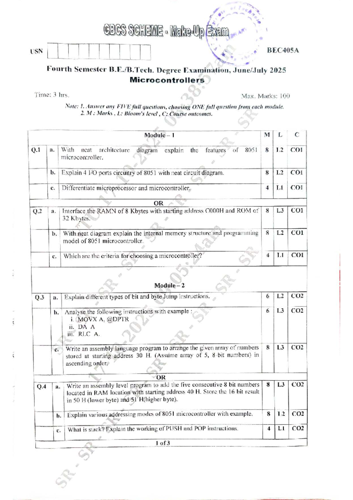 BEC405A Fourth Semester Microcontrollers Make-Up Exam Notes - Studocu