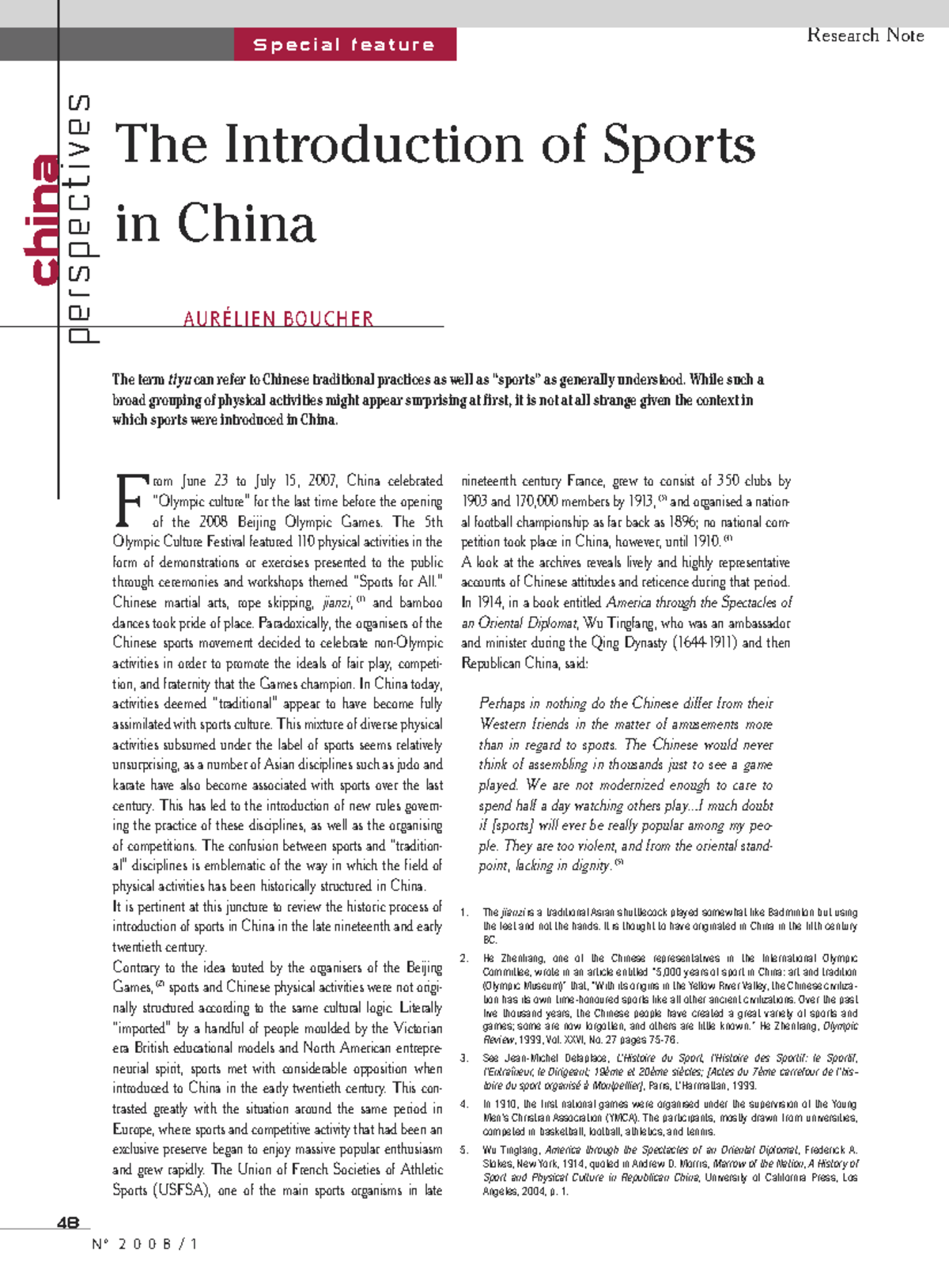 Research Note: The Introduction of Sports in China (AURÉLIEN BOUCHER ...