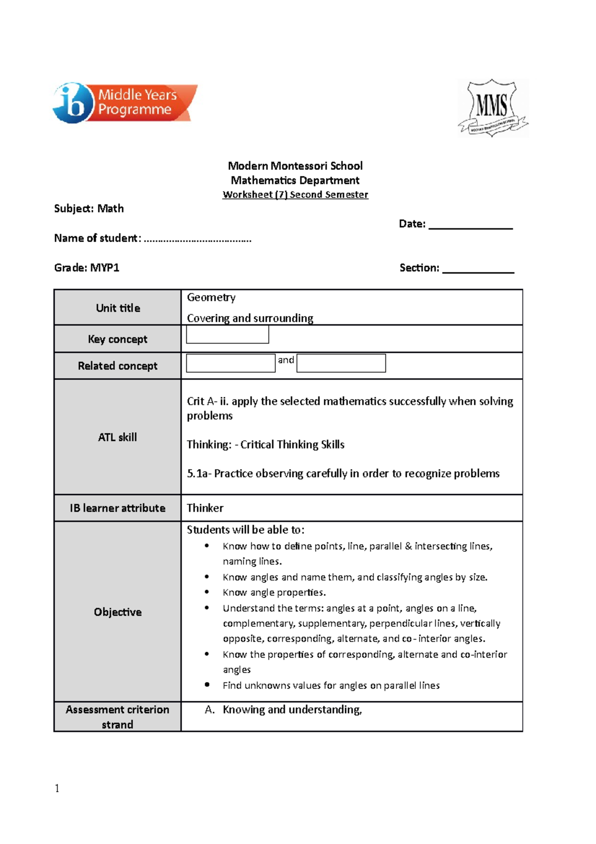 MYP1-Math Worksheet (7): Understanding Angles and Lines - Document Preview