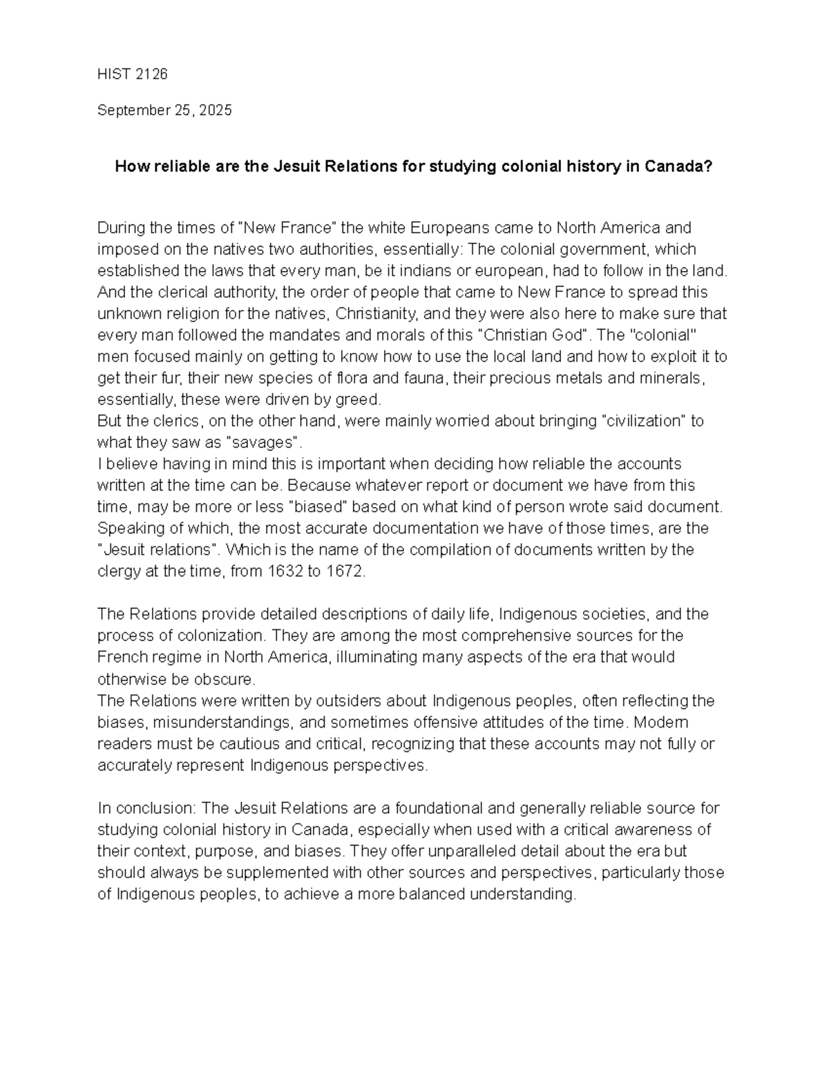 HIST 2126 Final Exam: Evaluating the Jesuit Relations' Reliability ...