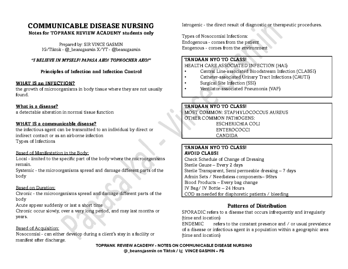 TOPRANK REVIEW ACADEMY: Communicable Disease Nursing Notes by Sir ...