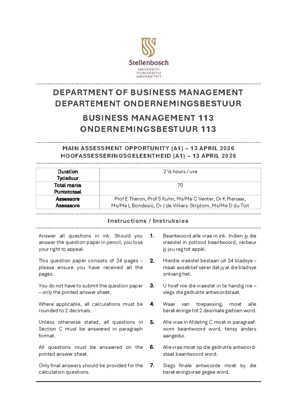 Business Management 113: Main Assessment Opportunity A1 - 2026 - Studocu