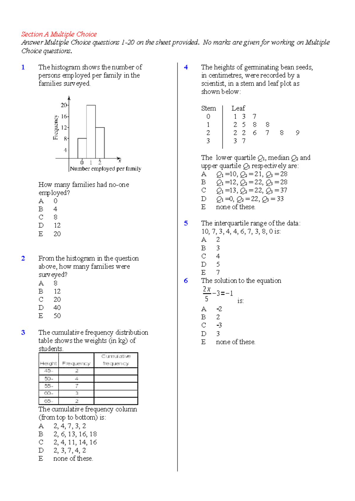 S1 2011 Practice Exam - Multiple Choice & Short Answer Questions - Studocu