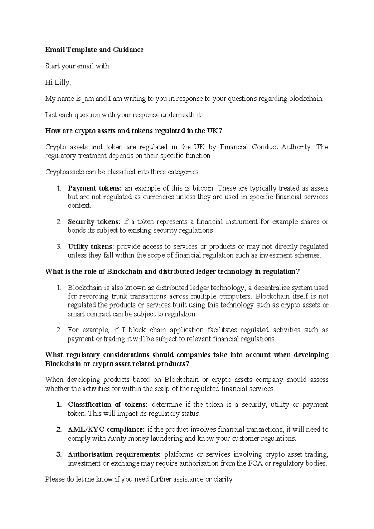 Email Guidance on Blockchain Regulations and Compliance - Studocu