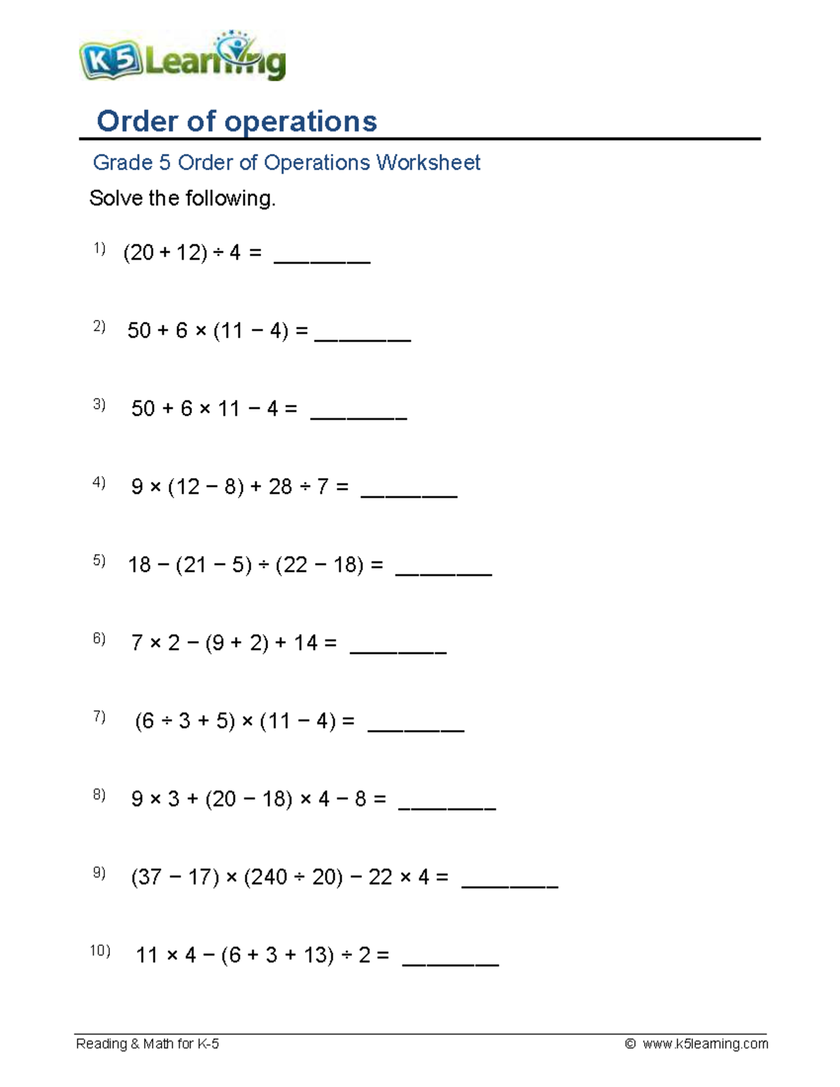 Grade 5 Order of Operations Worksheet - Practice Problems - Studocu