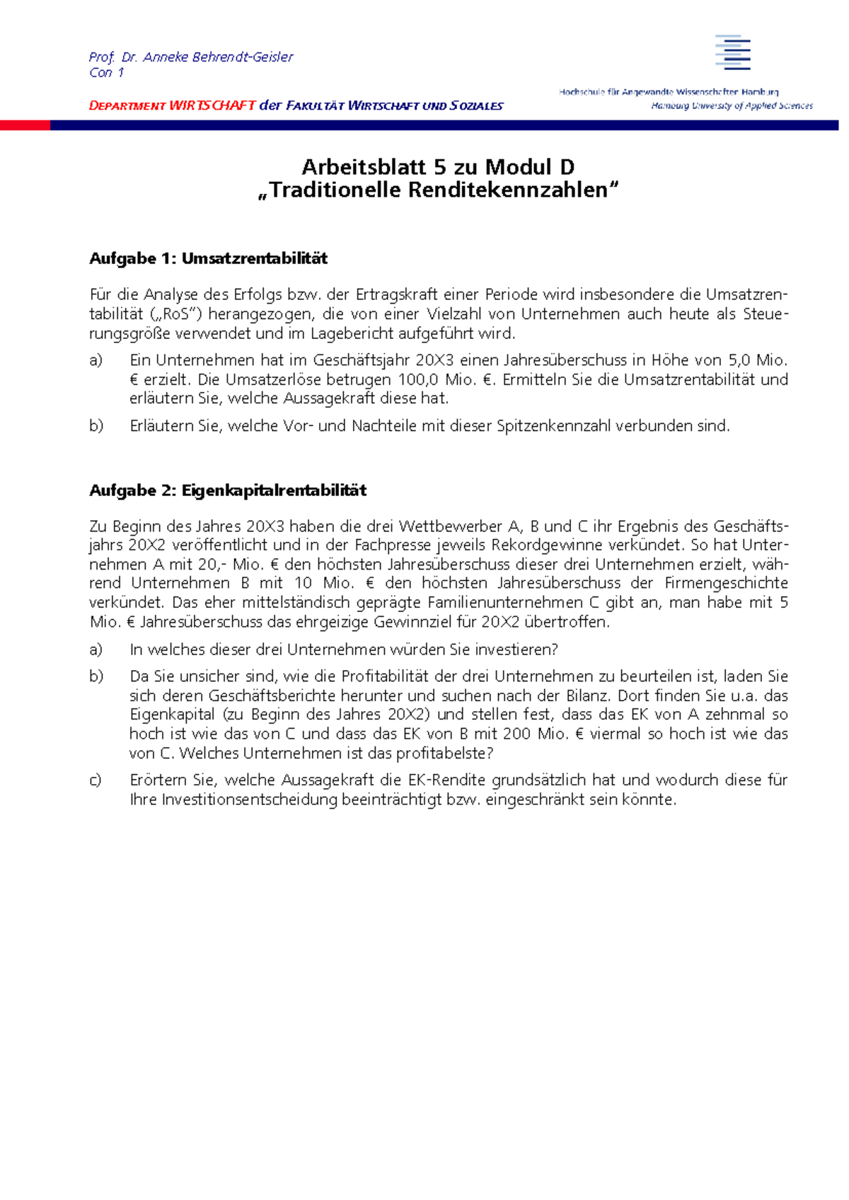 Arbeitsblatt 5: Traditionelle Renditekennzahlen - Modul D - Studocu