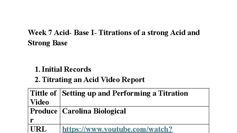 Week 7 Lab: Strong Acid-Base Titrations and Analysis - Studocu