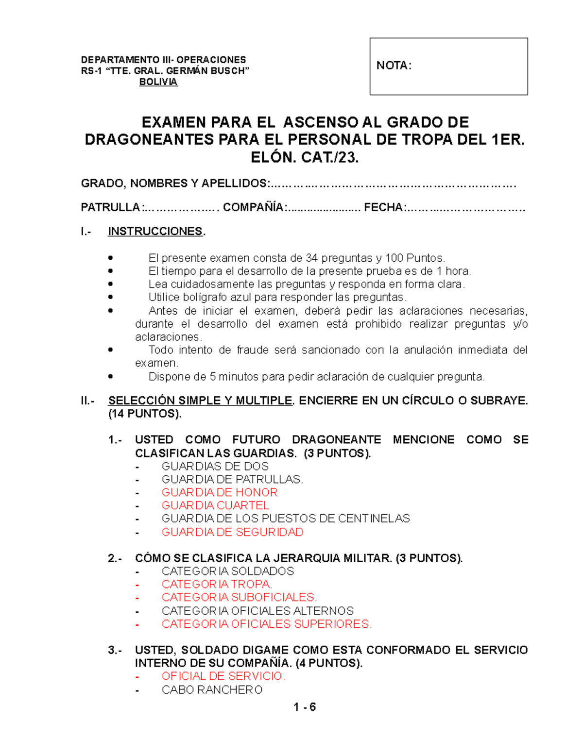 Posol 2DO. Examen para Dragoneantes DGTE. RS-1 CON Respuestas - Document Preview