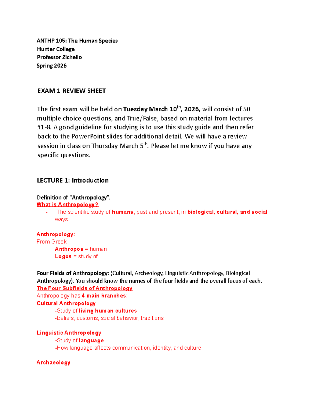 ANTHP 105: Exam 1 Study Guide - The Human Species Overview - Studocu