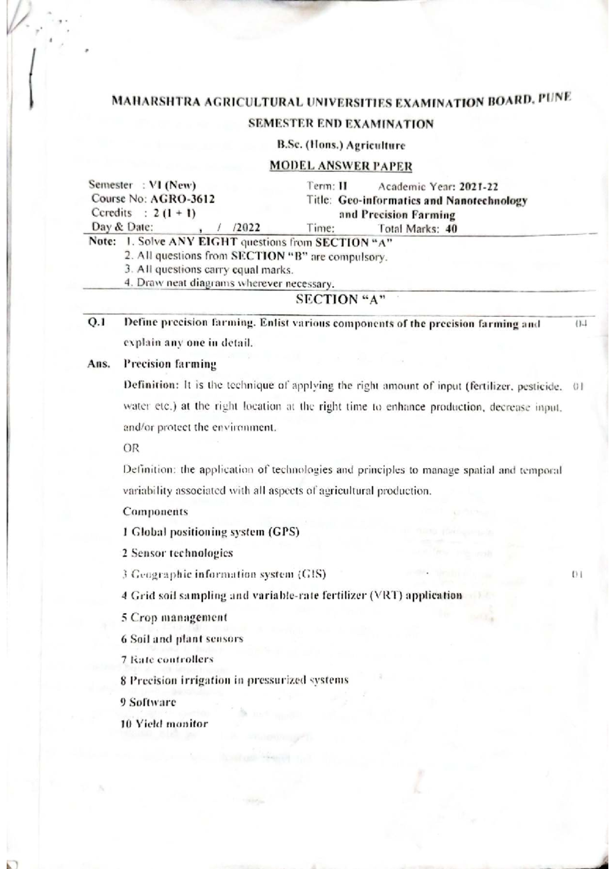 B.Sc. (Hons.) Agriculture Semester VI Model Answer Paper on Precision ...