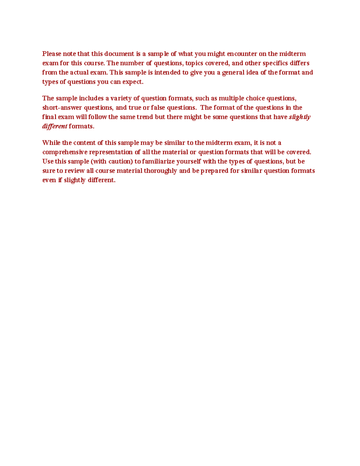 Sample Midterm Exam Questions for Course Code: [Insert Code] - Studocu