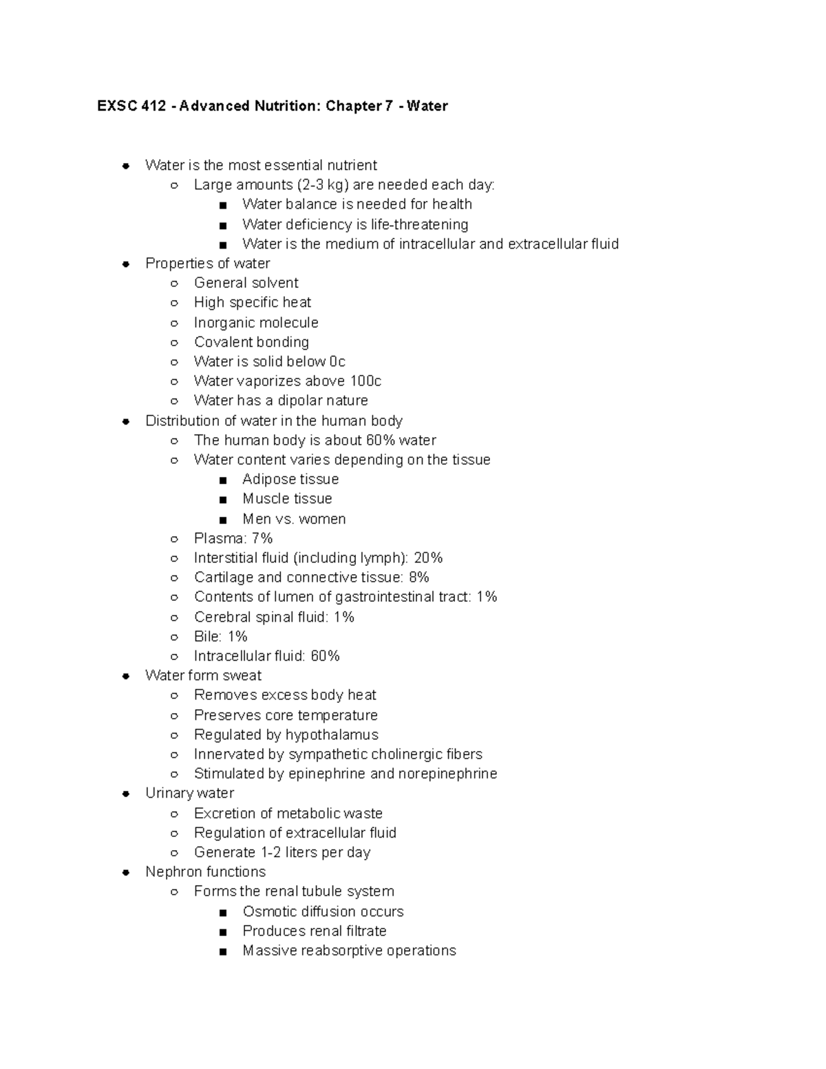 EXSC 412 Chp 7 Water - EXSC 412 - Advanced Nutrition: Chapter 7 - Water ...
