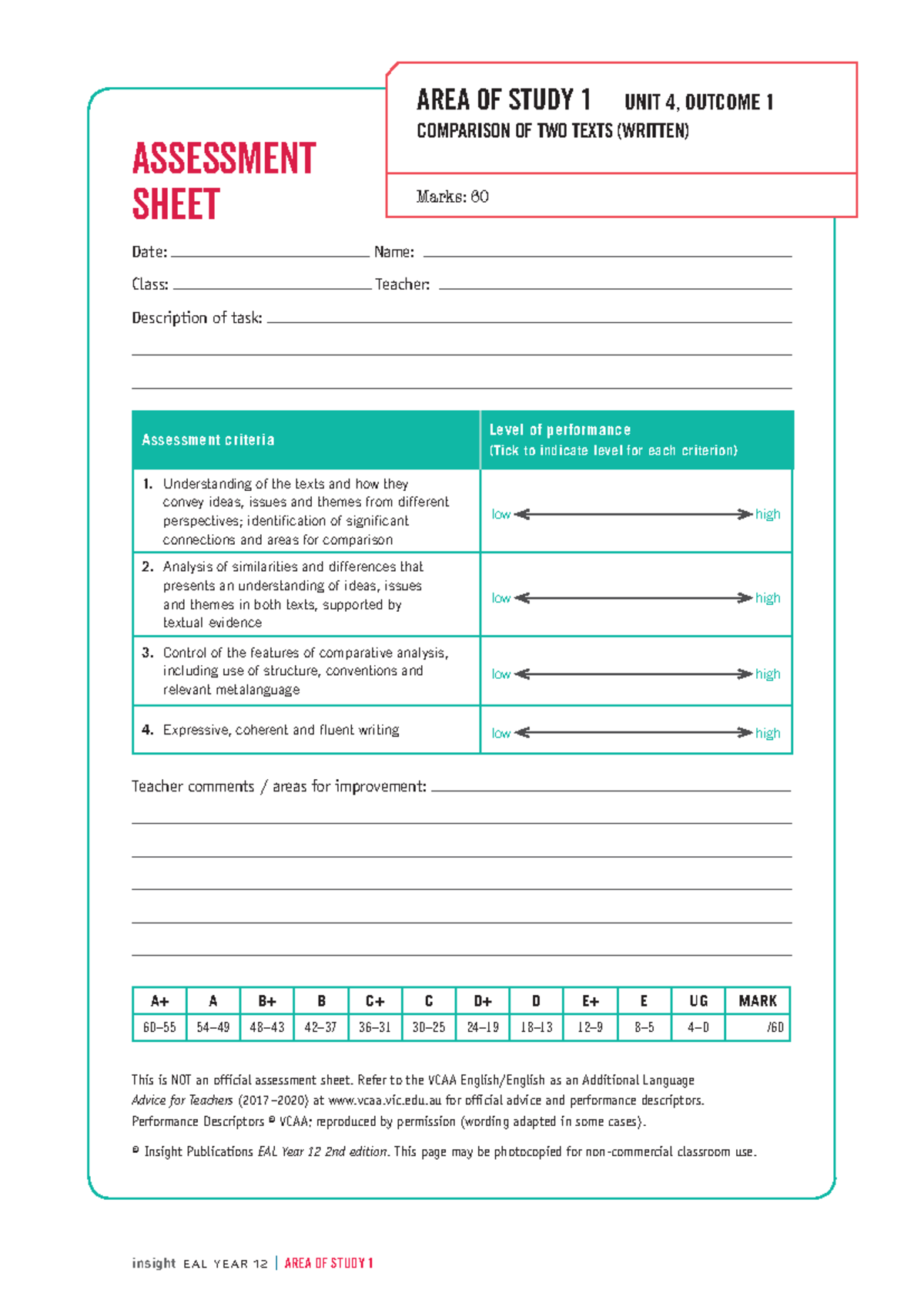 EAL Year 12 Area of Study 1 Unit 4 Outcome 1 Assessment Sheet - Studocu