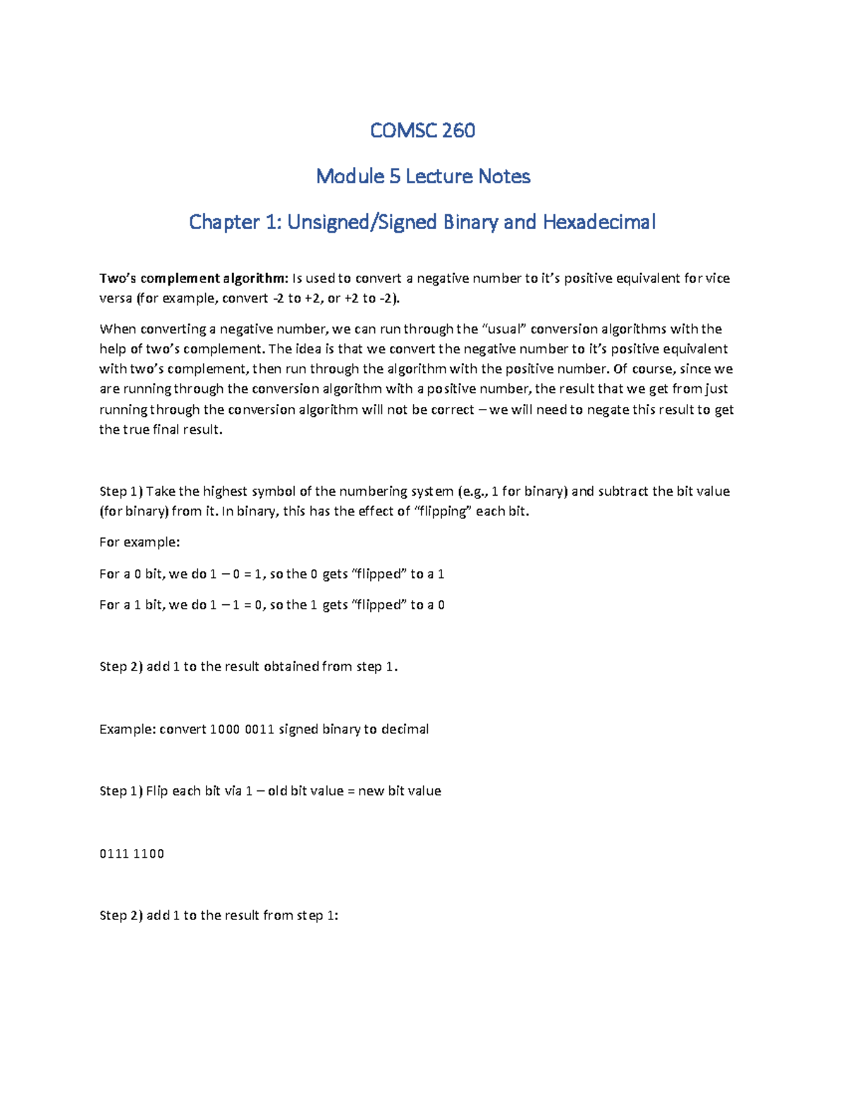 COMSC 260 Module 5 Lecture Notes: Binary & Hexadecimal Conversion ...