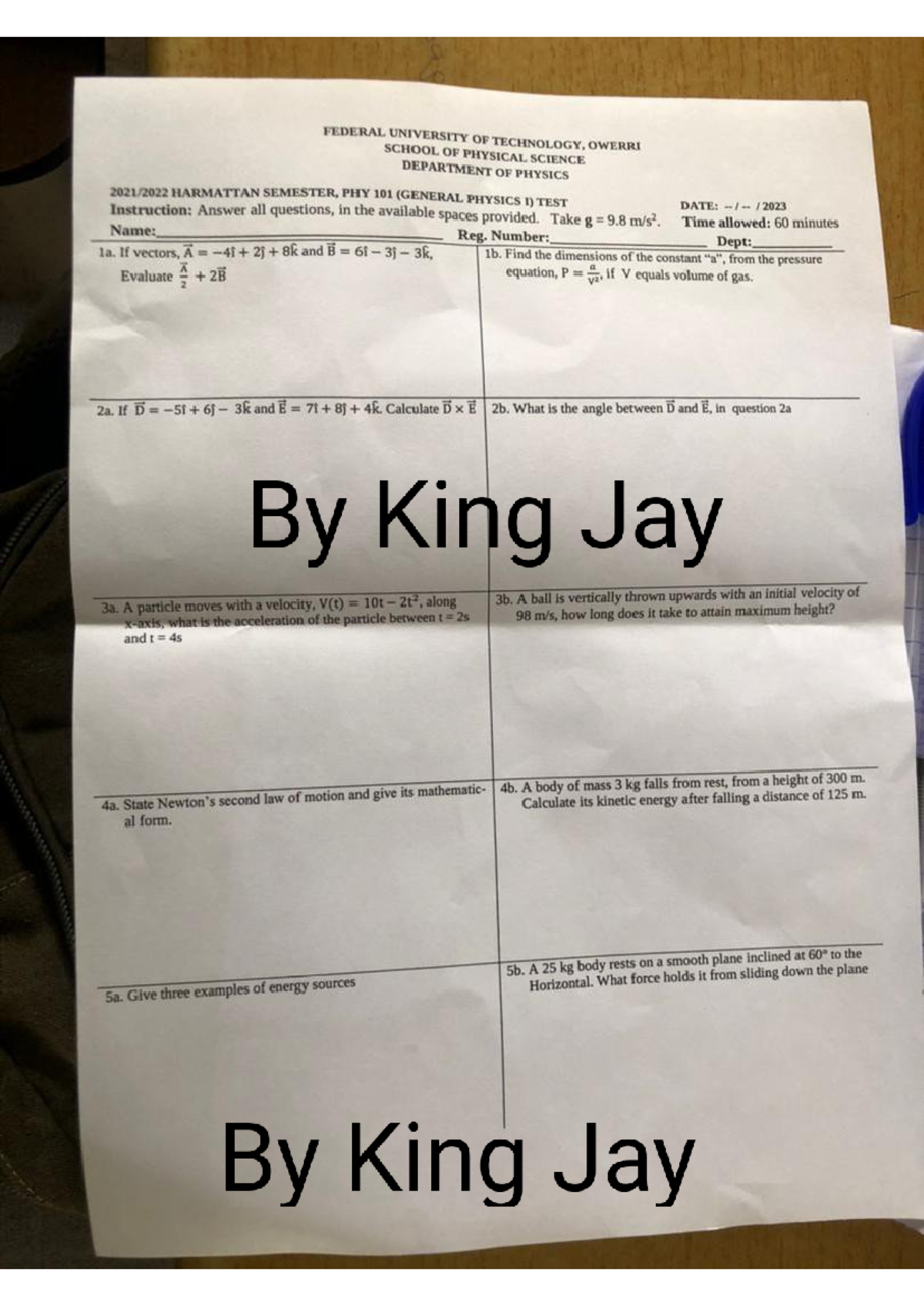 PHY 101 (GENERAL PHYSICS I) Past Test Questions by King Jay - Studocu