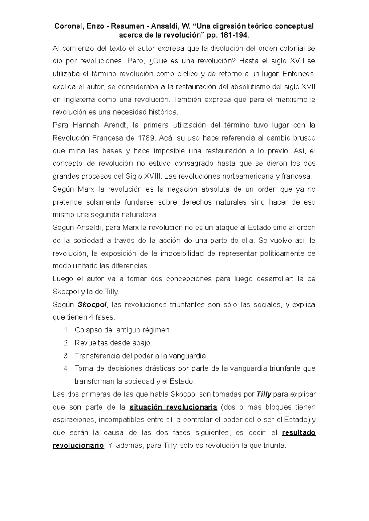 Resumen Ansaldi: Digresión Teórico-Conceptual sobre la Revolución - Studocu