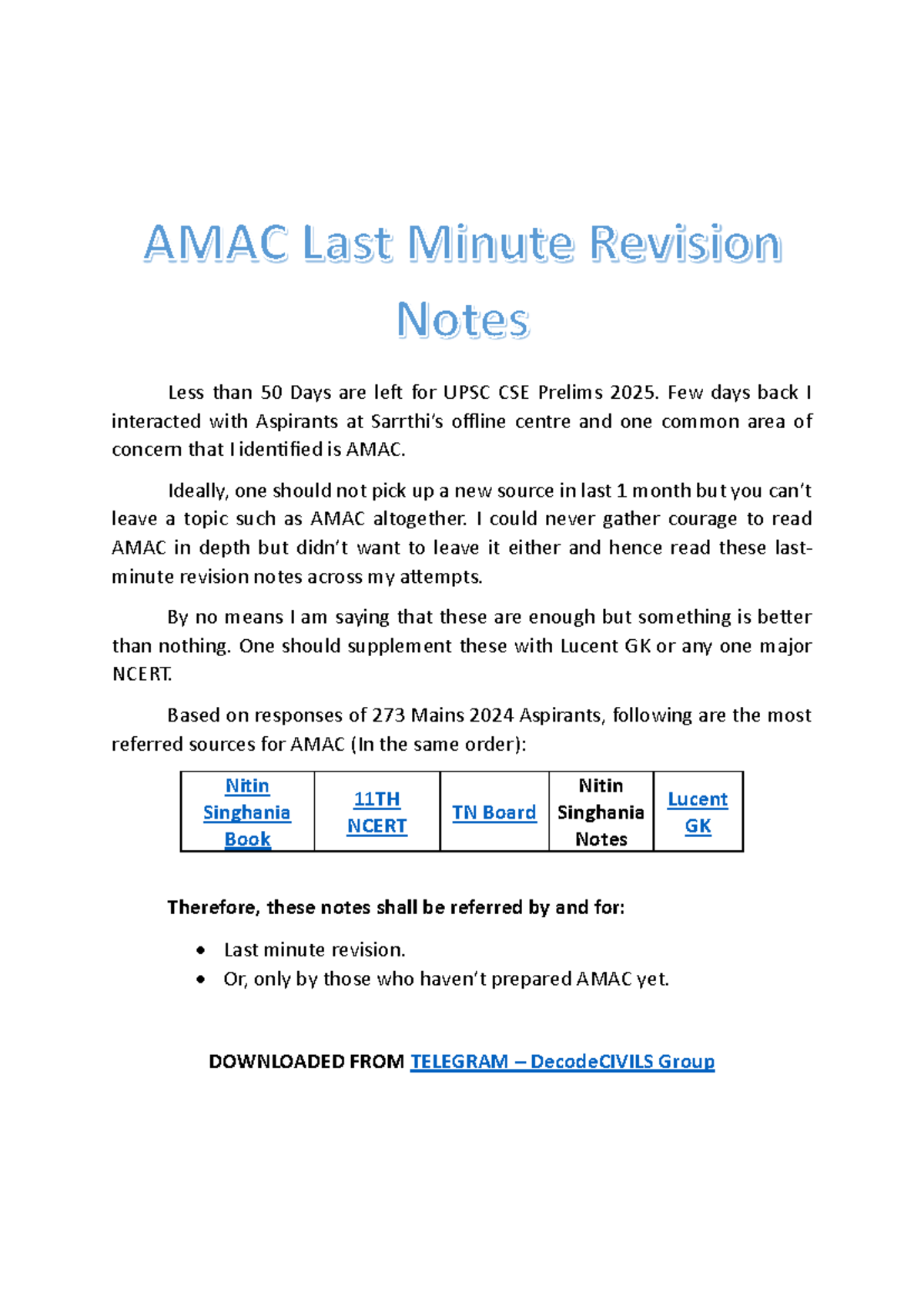 AMAC 30-Pages Last Minute Revision Notes for UPSC CSE Prelims 2025 ...