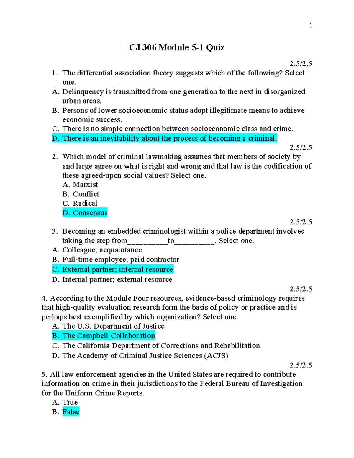 CJ 306 Module Five Quiz: Key Concepts in Criminology - Studocu
