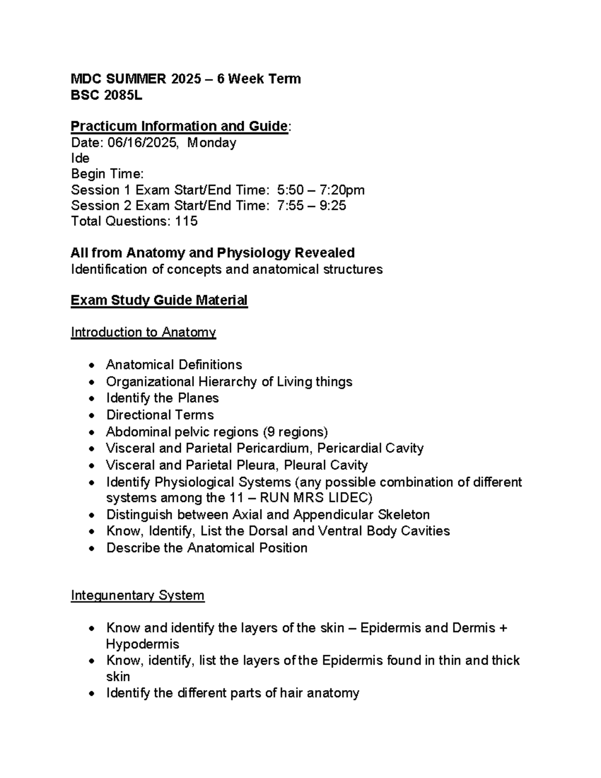 BSC 2085L Practicum Study Guide: Anatomy & Physiology Exam Prep - Studocu