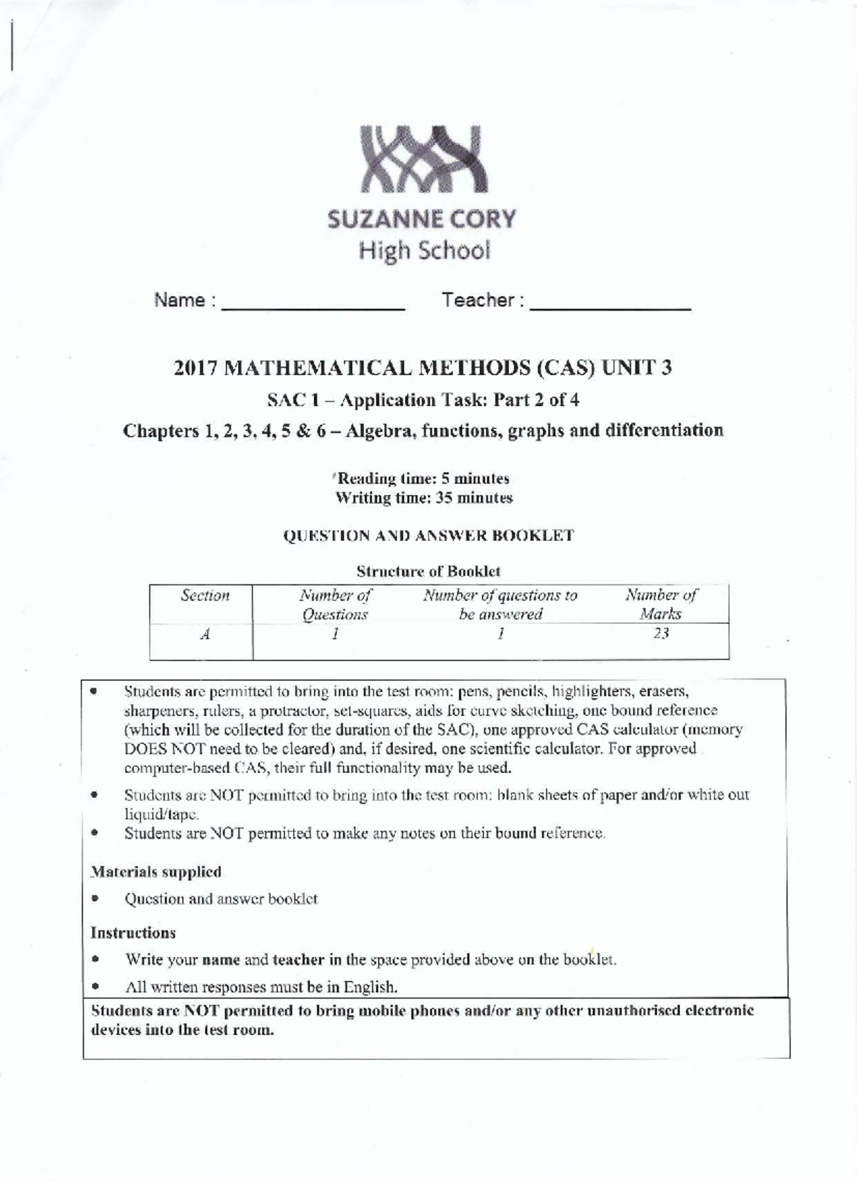 Mathematical Methods (CAS) Unit 3 SAC 1 Practice Questions - Studocu