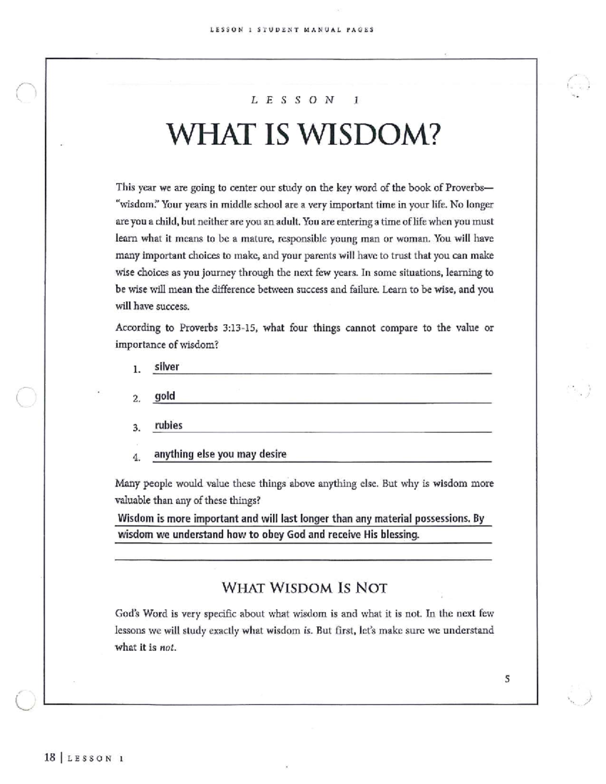 WISE UP: Lessons 1-6 Student Manual on Wisdom and Maturity - Studocu
