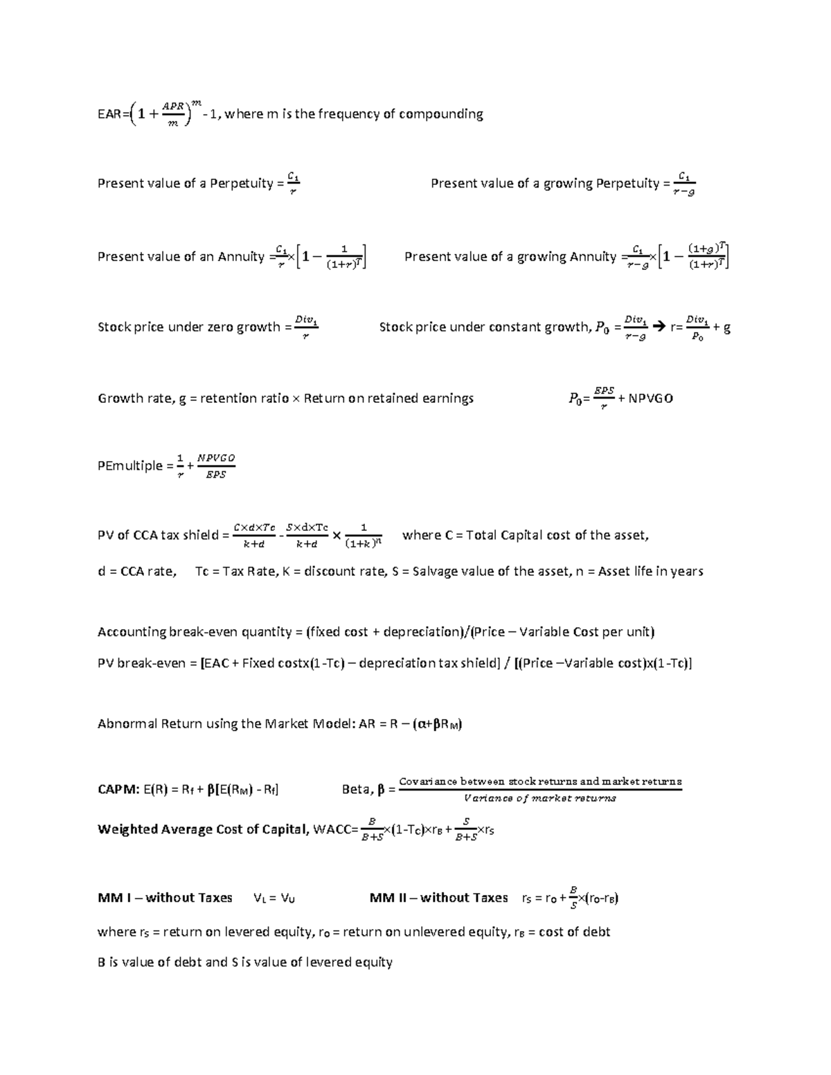 Formula Sheet for APR and Present Value Concepts (W1) - Studocu