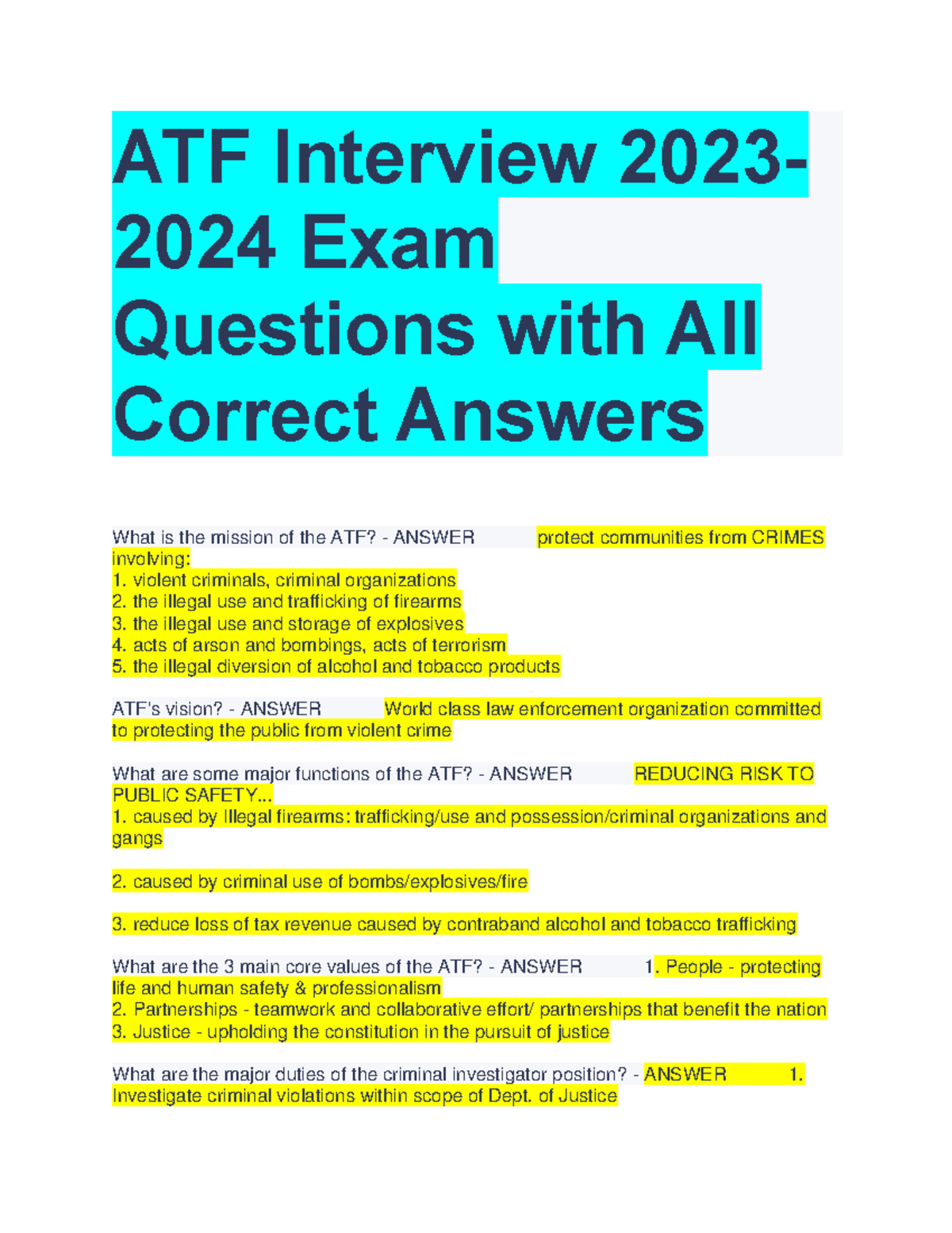 ATF Interview Exam Questions & Affirmative Answers for 2023-24 - Studocu