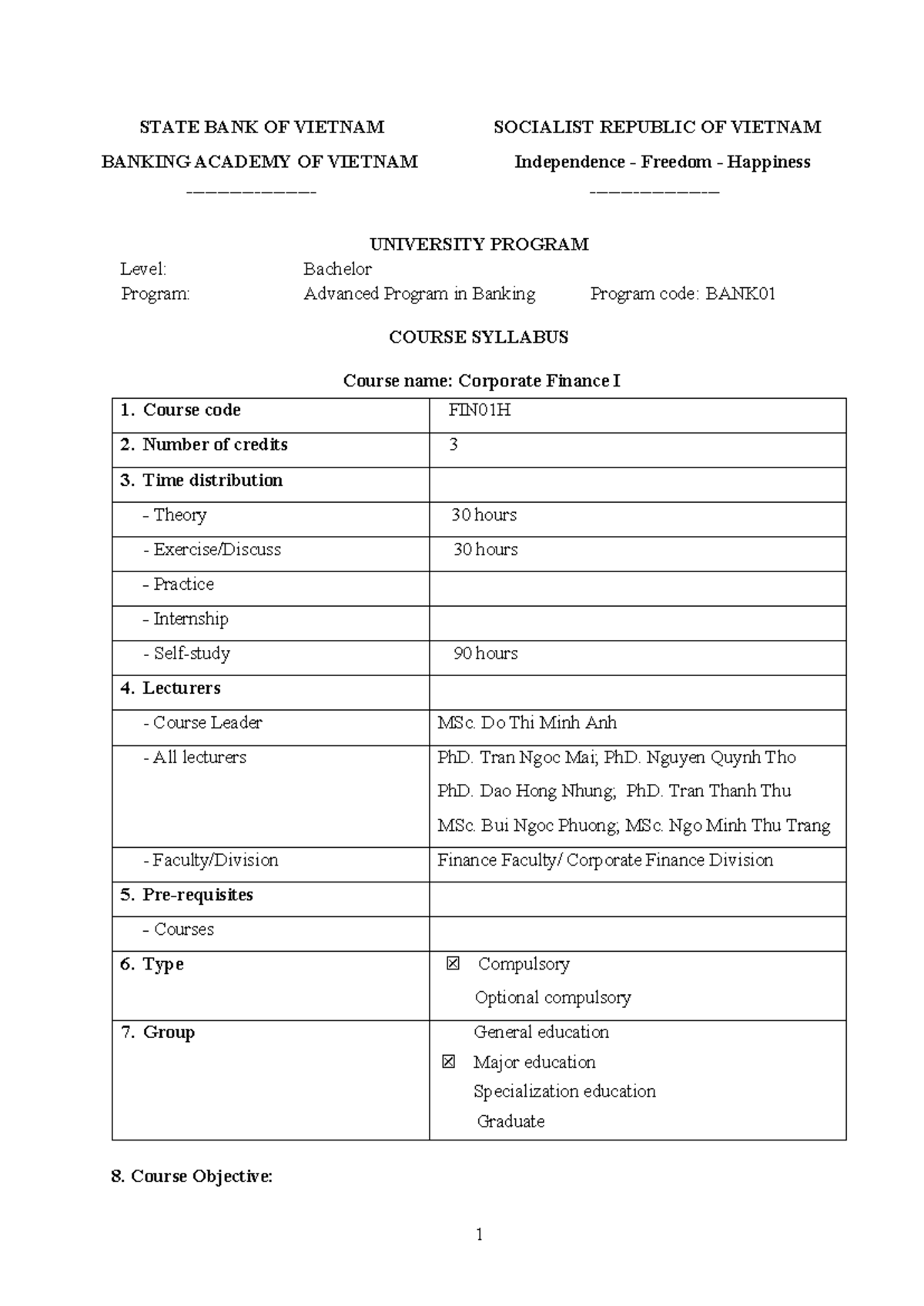 20250318 FIN01H Corporate Finance I Course Syllabus and Overview - Studocu