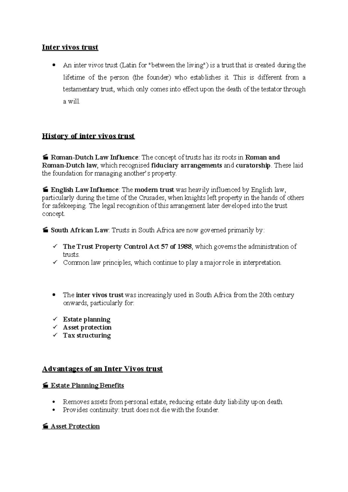 Inter Vivos Trust: Summary Notes on Legal Framework and Benefits - Studocu