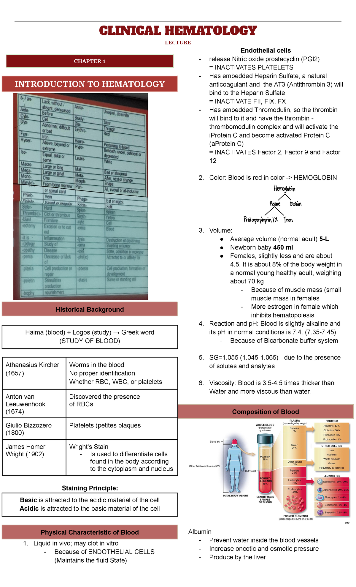 Hematology - Chapter 1: Introduction to Clinical Hematology - Studocu