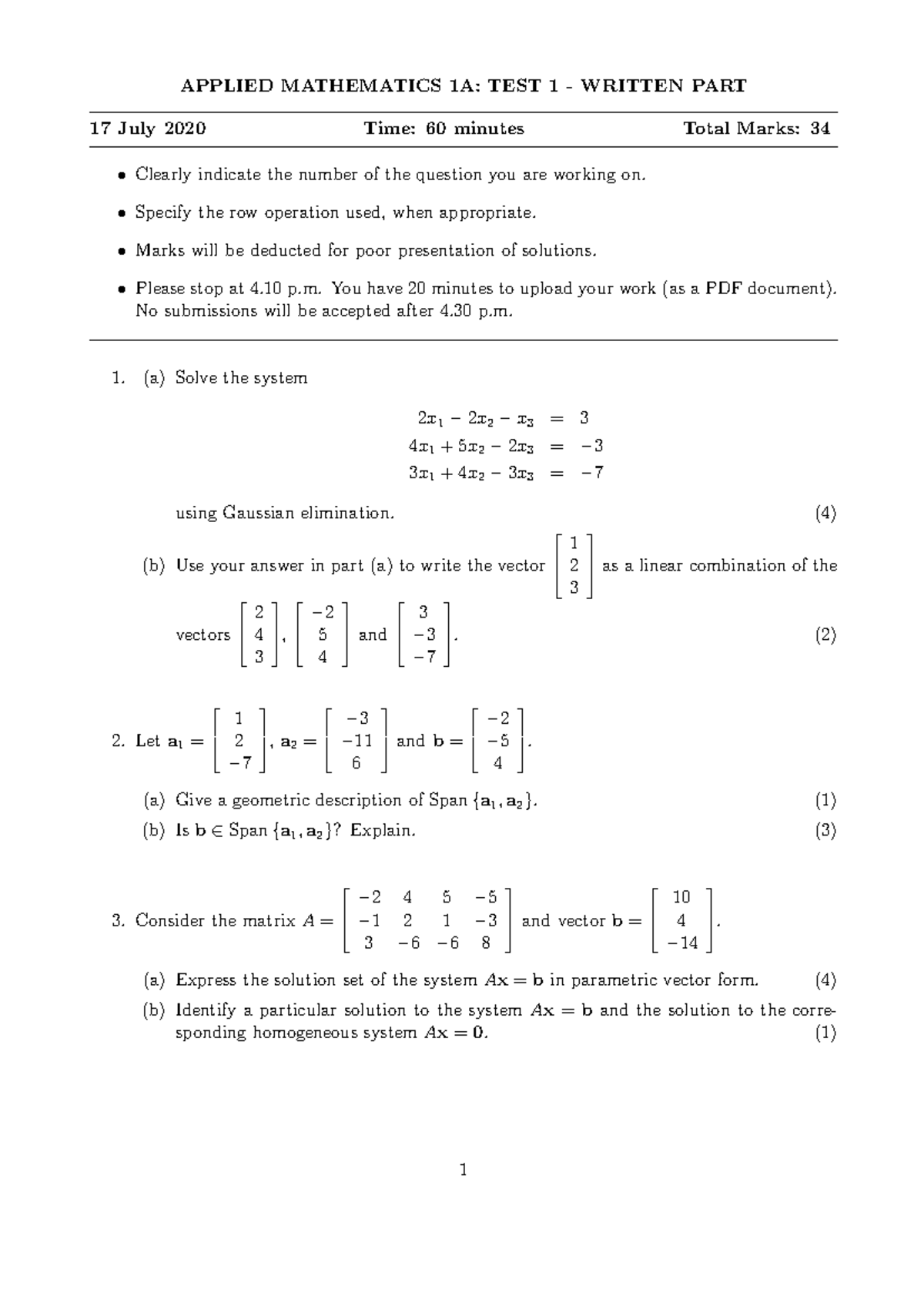 APPLIED MATHEMATICS 1A: TEST 1 & 3 WRITTEN PARTS PRACTICE 2020 - Studocu