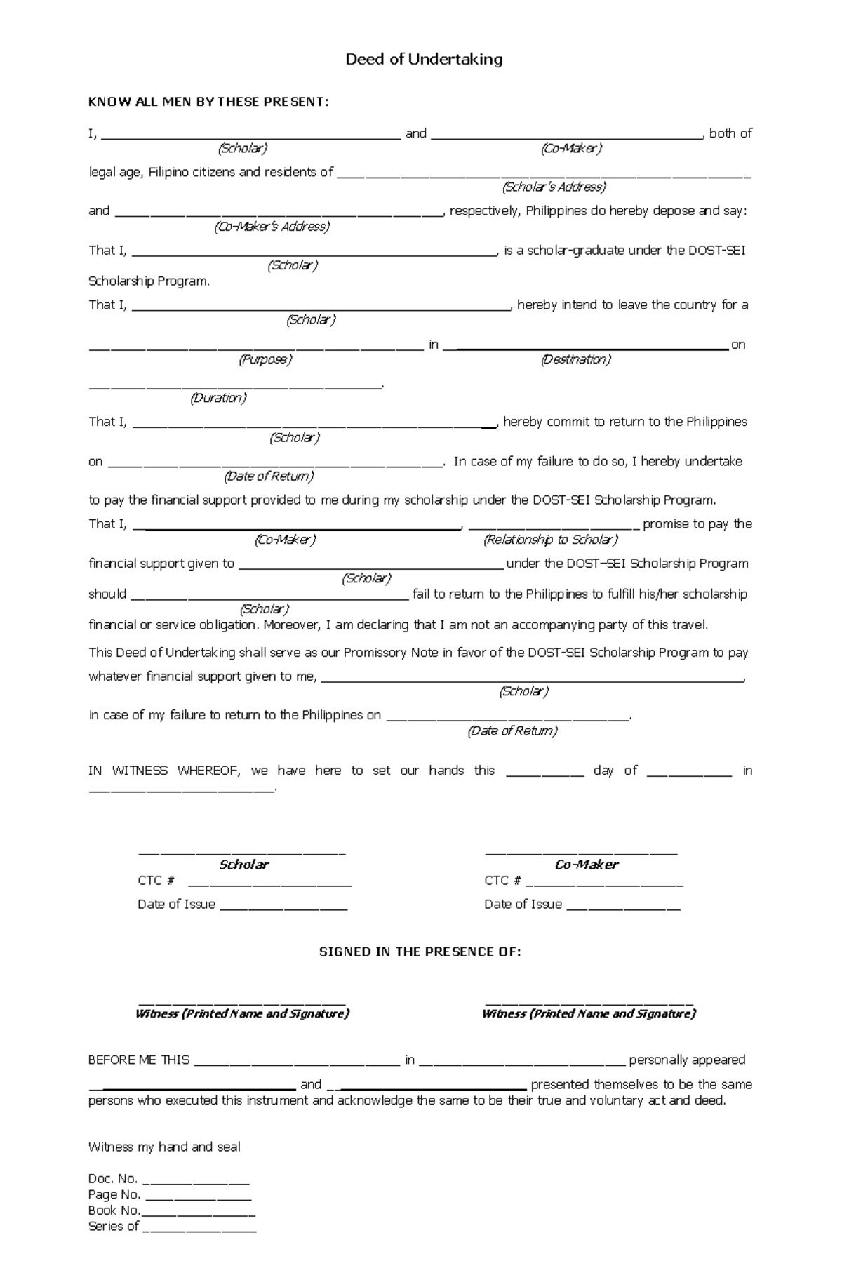 Deed of Undertaking for Scholarship Program Compliance - Studocu