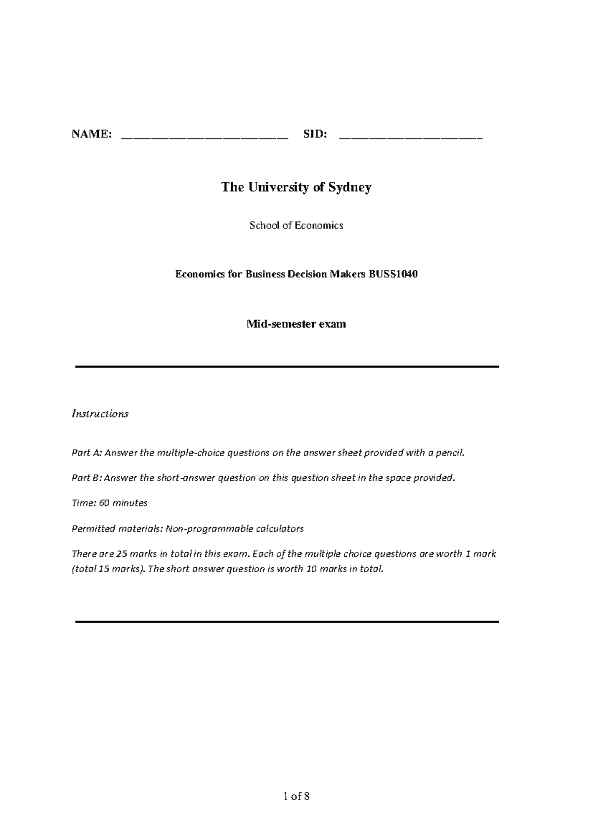BUSS1040 MIDSEM Exam: Economics for Business Decision Makers - Document Preview
