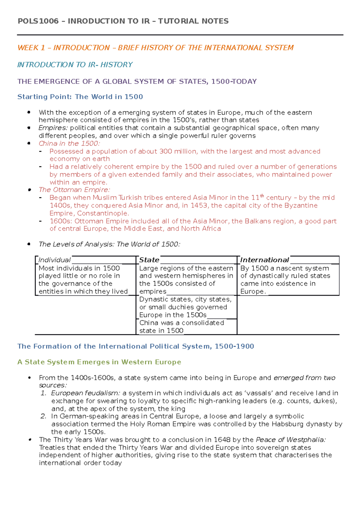 Reading-Notes - Lecture notes 1-12 - POLS1006 – INRODUCTION TO IR ...