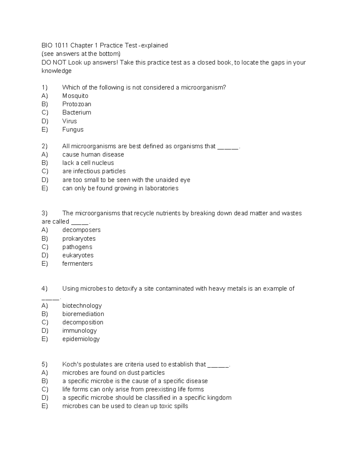 BIO 1011 Chapter 1 Microbiology Practice Test with Answers - BIO 1011 Chapter 1 Practice Test ...