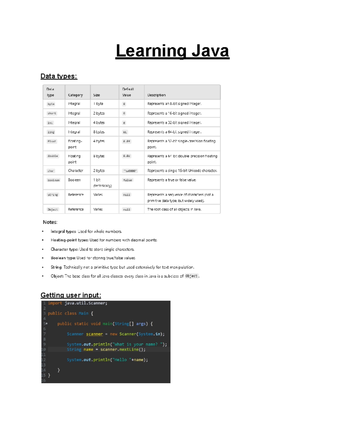 SYSC 2004 Java Summary - Learning Java Data types: Getting user input ...