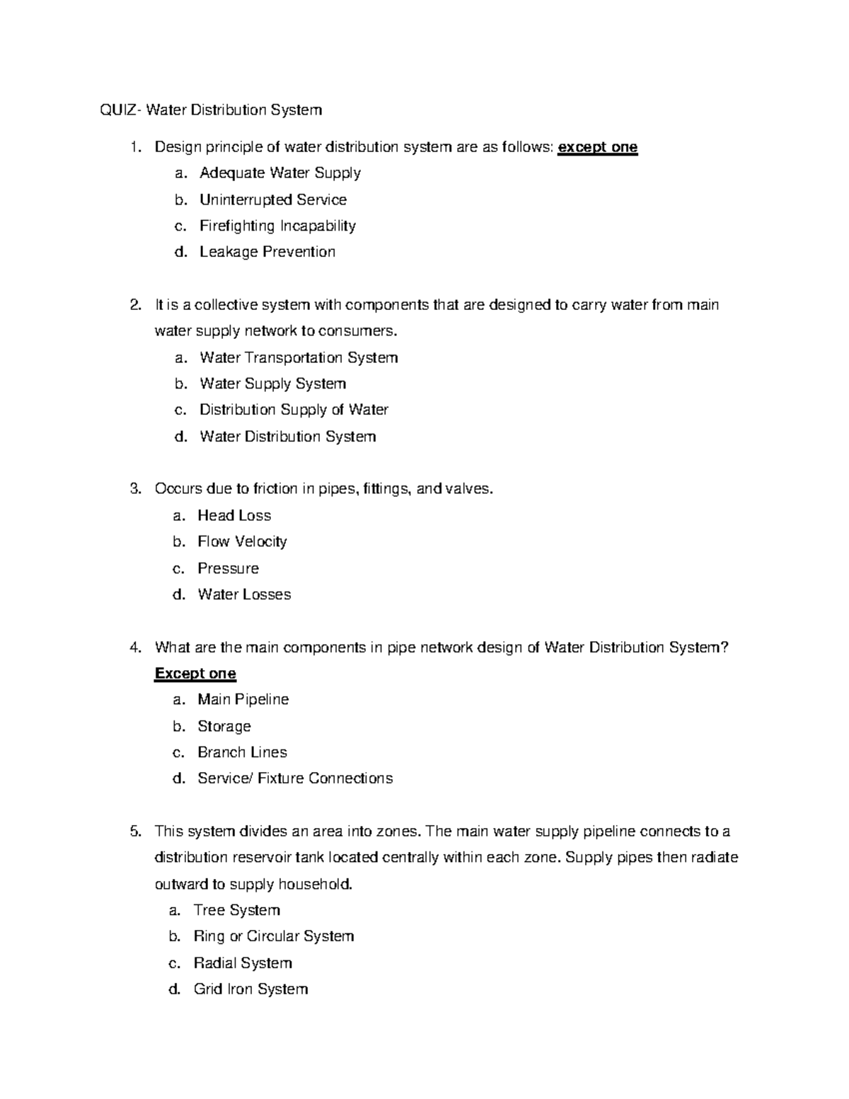QUIZ-WDS - quiz - QUIZ- Water Distribution System 1. Design principle ...