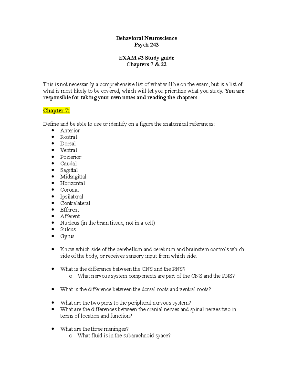 Psych 243 Behavioral Neuroscience Exam 3 Study Guide: Chapters 7 & 22 ...